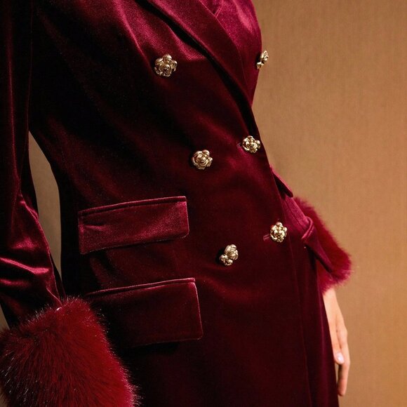 Burgundy Elegant Women's Velvet faux fur trim  Double Breasted Blazer mini Dress - Picture 3 of 7